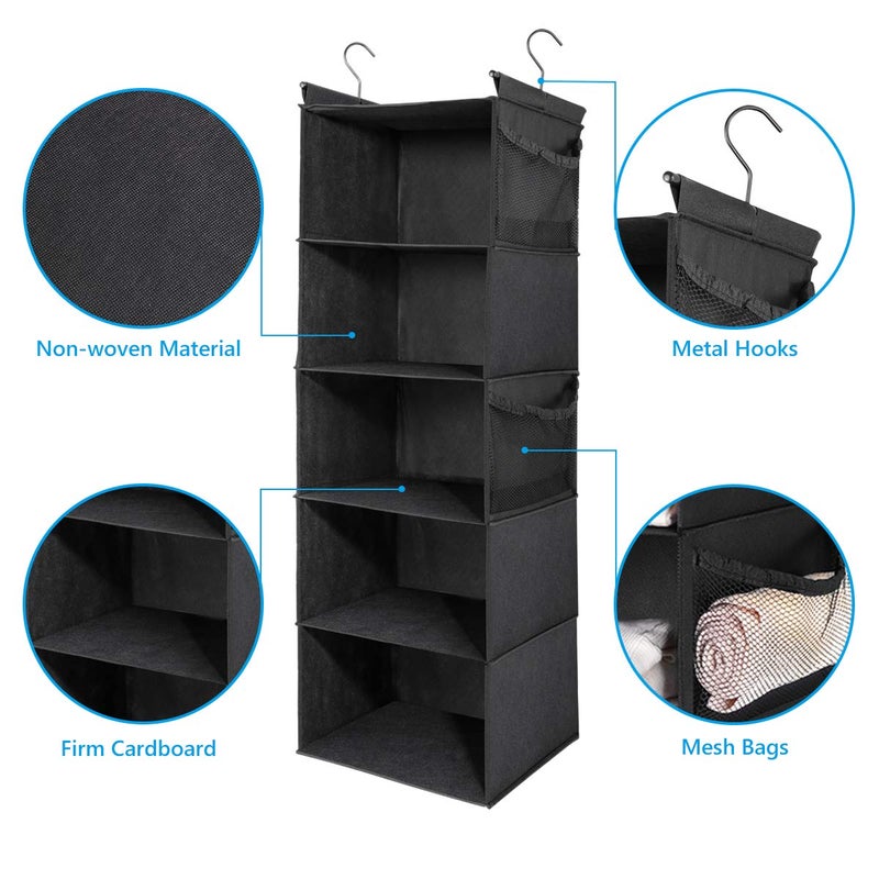 MAX Houser 5-Shelf Hanging Closet Organizer,Space Saver, Cloth Hanging Shelves with 4 Side Pockets,Foldable, Black - Image 4
